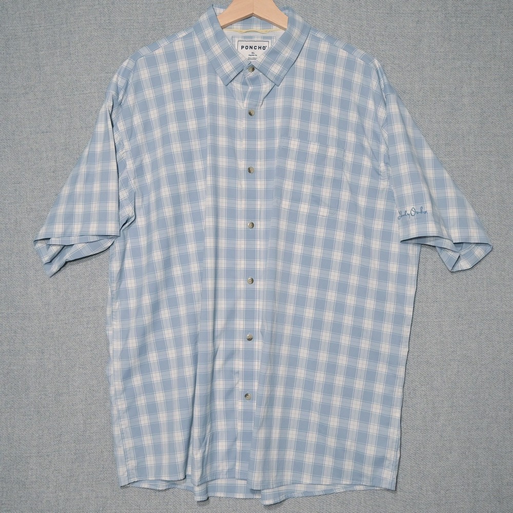 Poncho Shirt Mens XL Blue White Plaid Button Short Sleeve Stretch